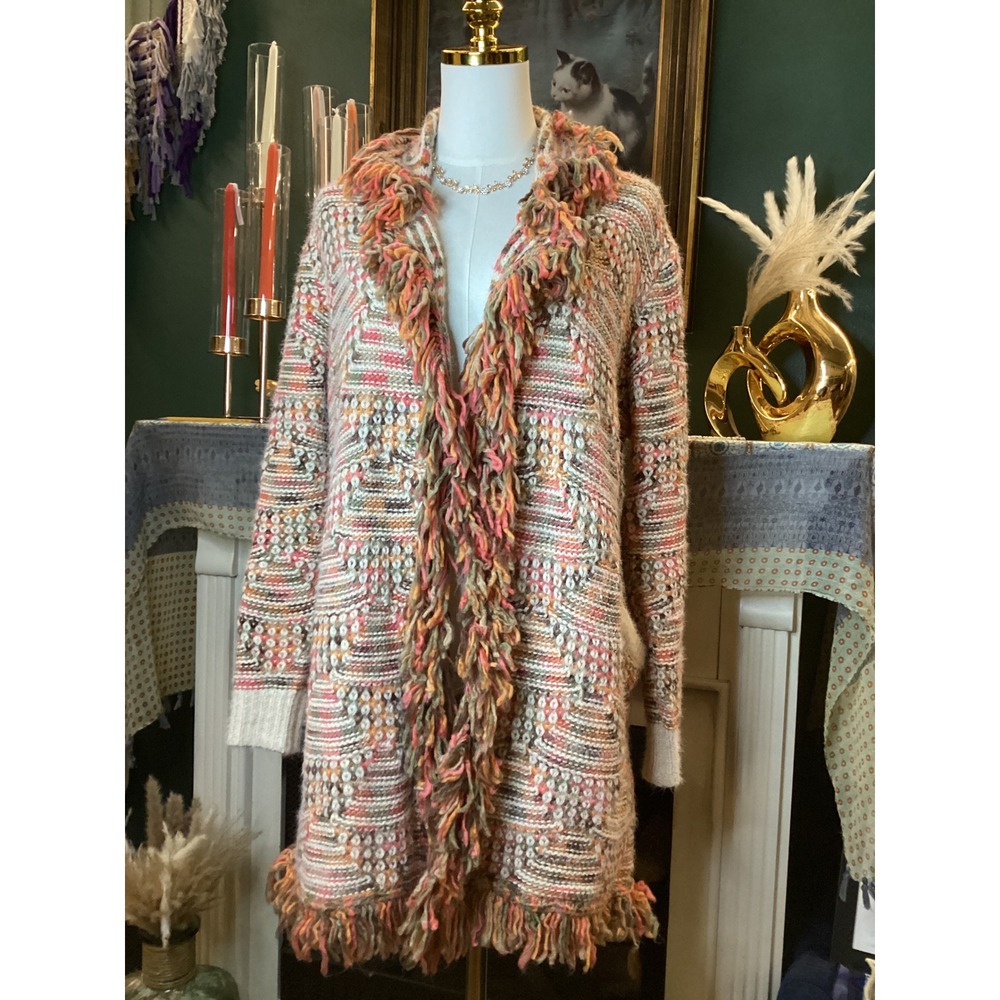 Kloth & Clover Multi Color Shaggy Fringe Longline Cardigan Sweater SM